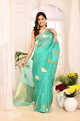 Turquoise Pure Kora Organza Handloom Silk Saree With blouse